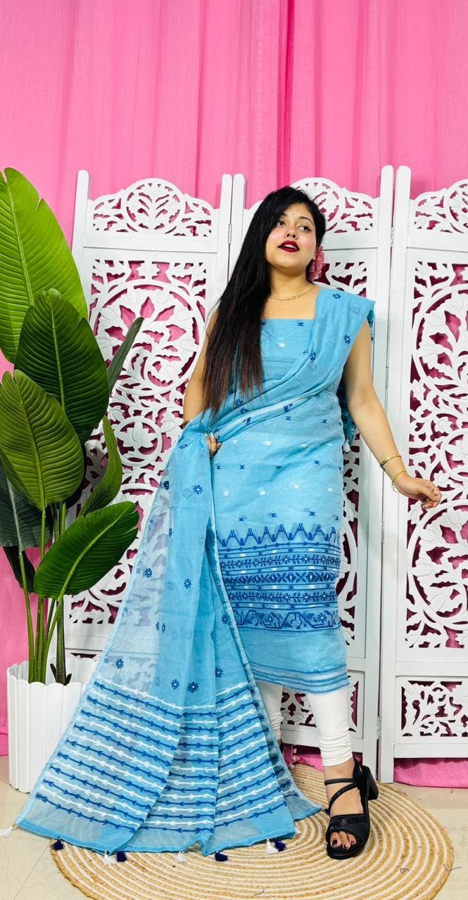 Flower Buti Sky Blue Unstitched 2 Piece Jamdani Suit Set