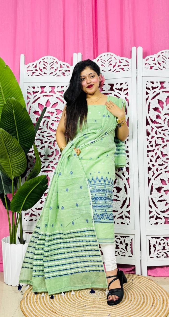 Flower Buti Olive Unstitched 2 Piece Jamdani Suit Set