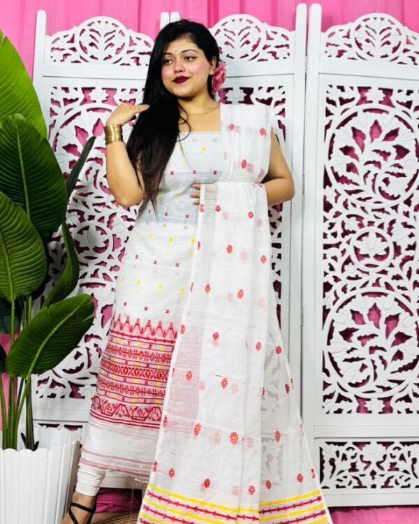 Flower Buti White Red Unstitched 2 Piece Jamdani Suit Set