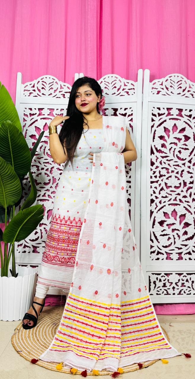 Flower Buti White Red Unstitched 2 Piece Jamdani Suit Set