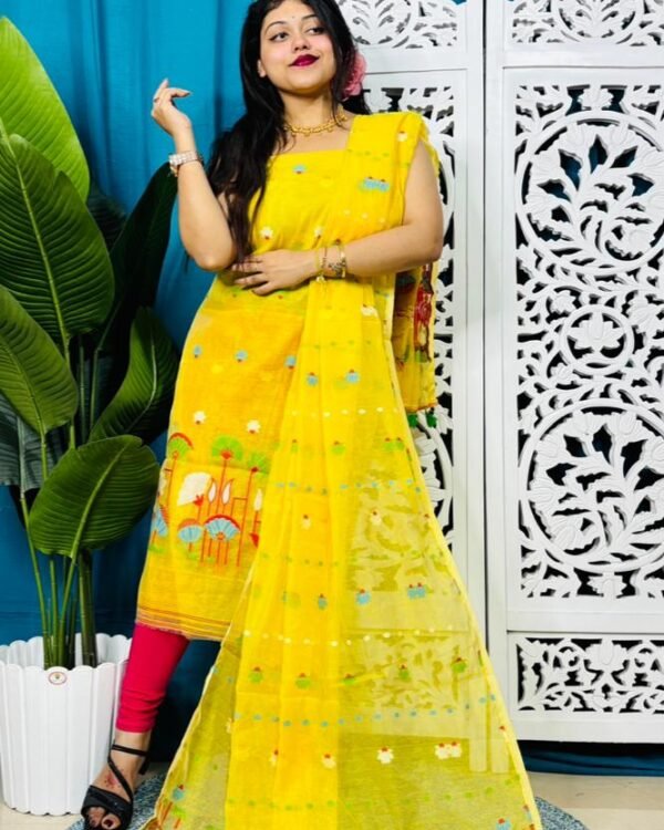 Paddo Pata Yellow Unstitched 2 Piece Jamdani Suit Set