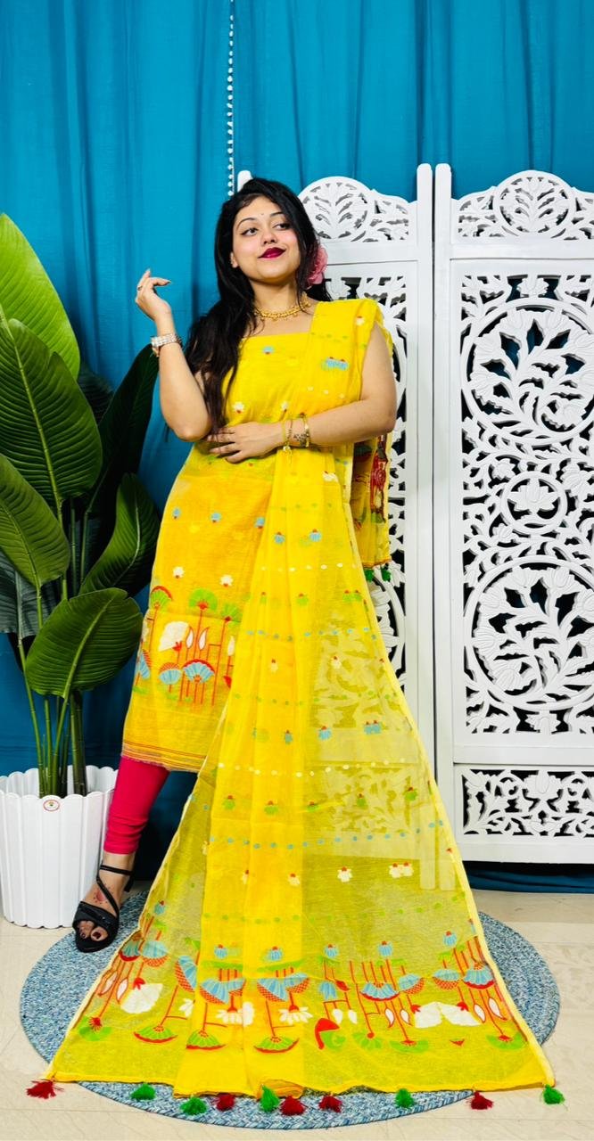 Paddo Pata Yellow Unstitched 2 Piece Jamdani Suit Set