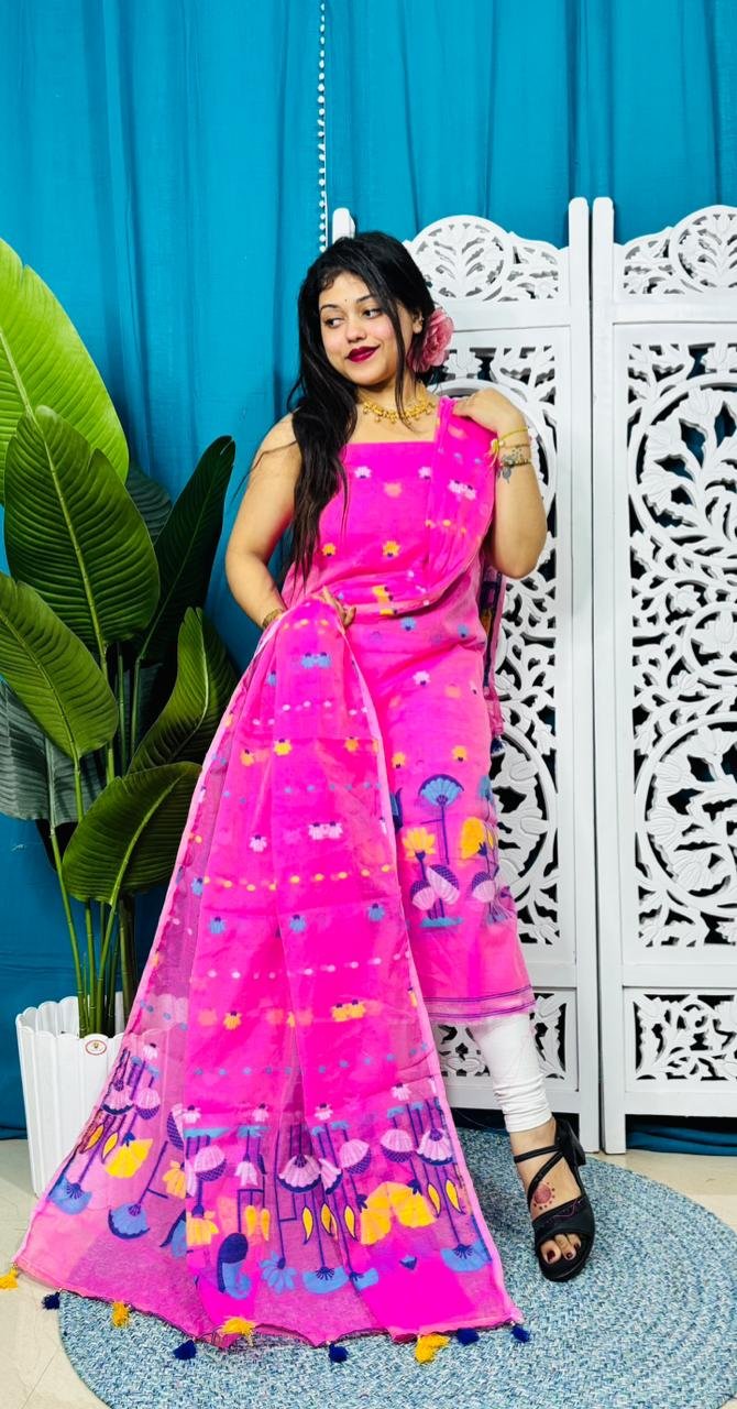 Paddo Pata Deep Pink Unstitched 2 Piece Jamdani Suit Set