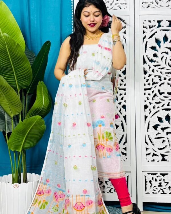 Paddo Pata White Unstitched 2 Piece Jamdani Suit Set
