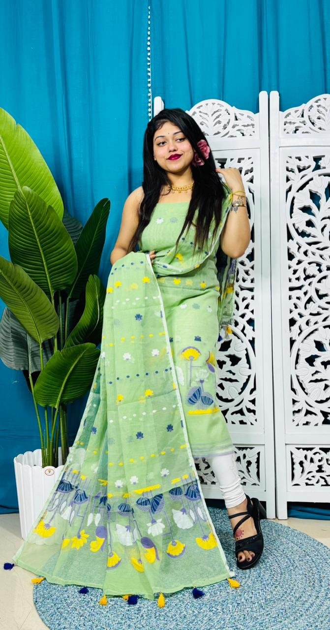 Paddo Pata Olive Unstitched 2 Piece Jamdani Suit Set