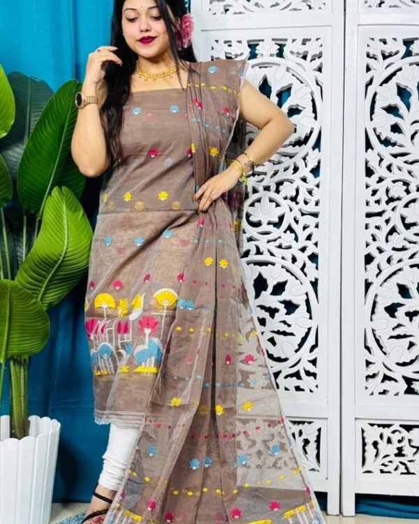 Paddo Pata Brown Unstitched 2 Piece Jamdani Suit Set