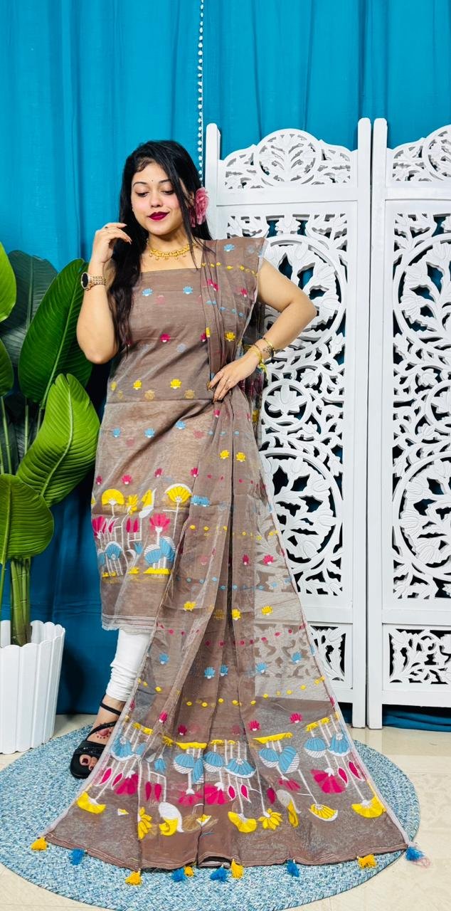 Paddo Pata Brown Unstitched 2 Piece Jamdani Suit Set