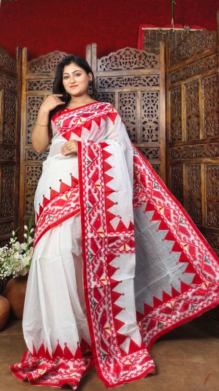 Kota Jamdani White Red Applique Work
