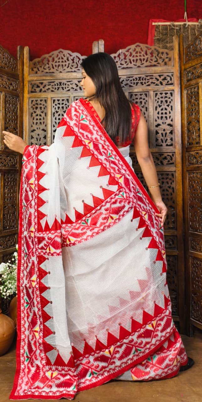 Kota Jamdani White Red Applique Work - Image 2