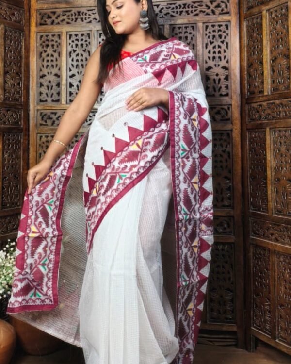 Kota Jamdani White Marun Applique Work