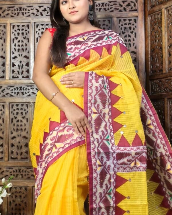 Kota Jamdani Yellow Marun Applique Work