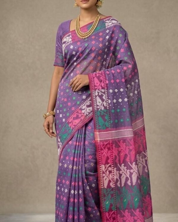 Rainbo Soft Parple Karat Achol Jamdani Saree