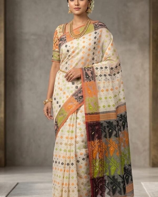 Rainbo Soft Cream Blue Karat Achol Jamdani Saree