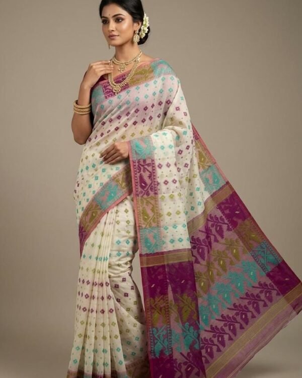 Rainbo Soft Cream Majenda Karat Achol Jamdani Saree
