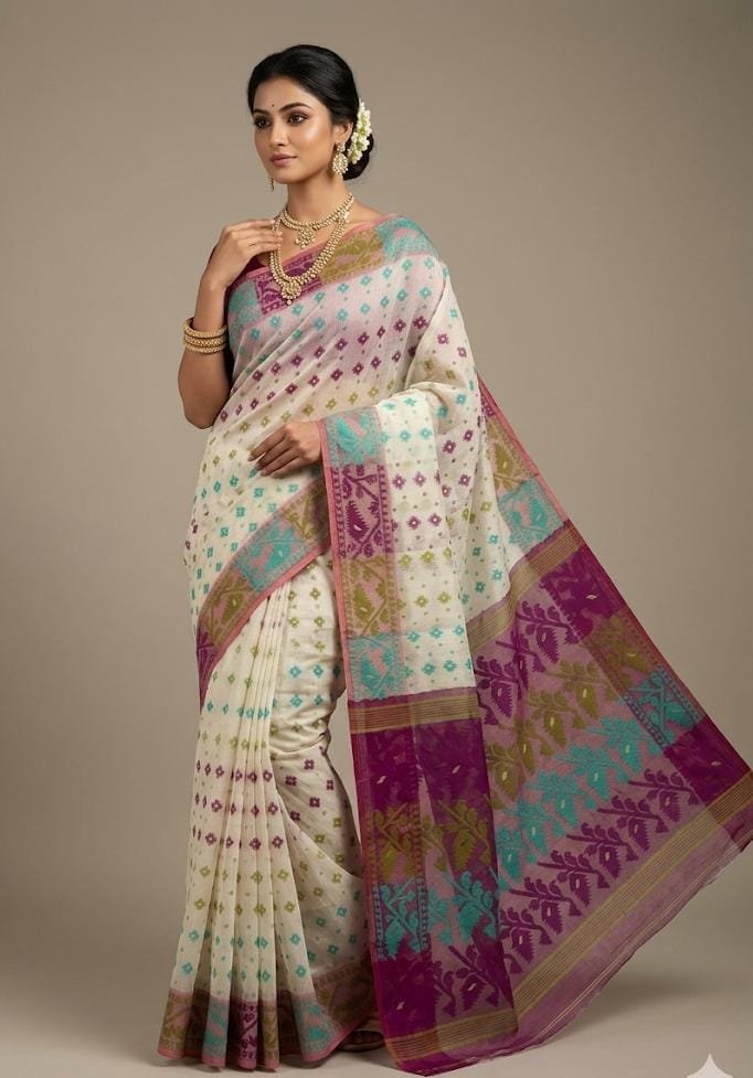 Rainbo Soft Cream Majenda Karat Achol Jamdani Saree