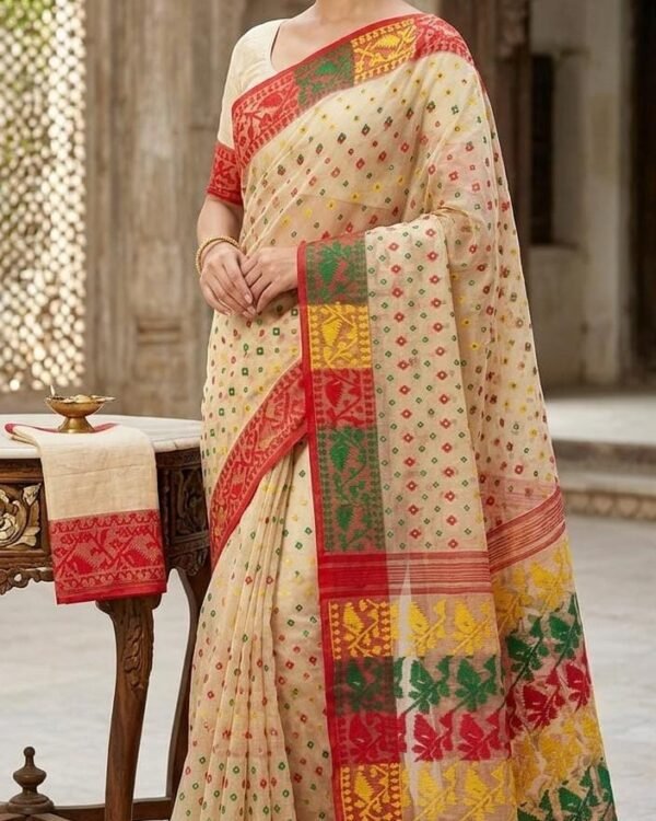 Rainbo Soft Cream Red Karat Achol Jamdani Saree