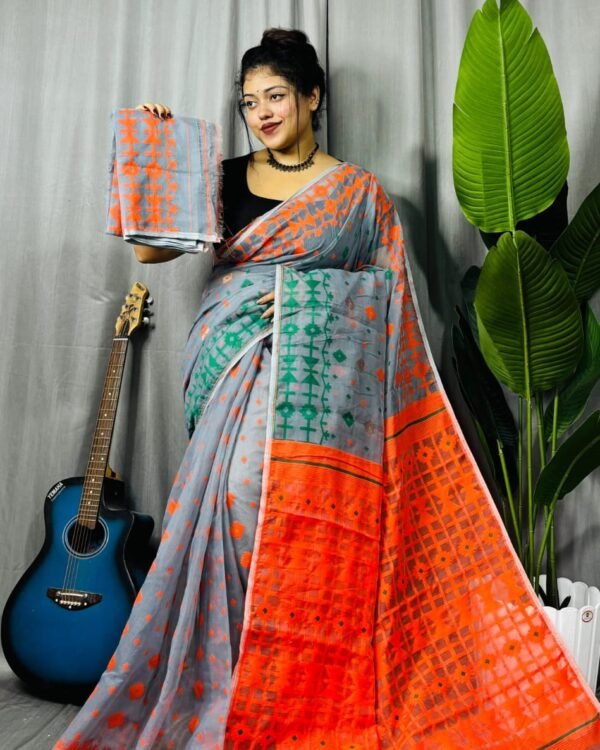 Ganga Jamuna Border Grey Orange Soft Jamdani Saree