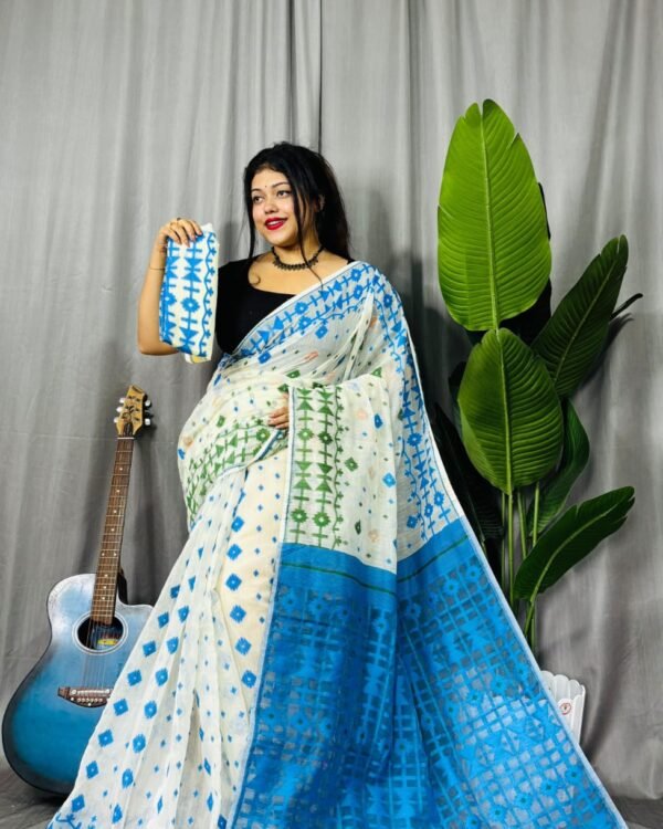 Ganga Jamuna Border White Blue Soft Jamdani Saree