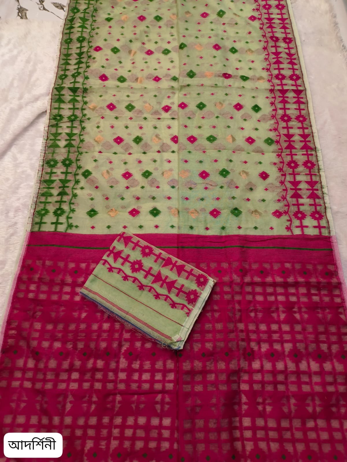 Ganga Jamuna Border Light Olive Soft Jamdani Saree - Image 2