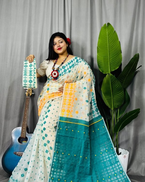Ganga Jamuna Border White Greeen Soft Jamdani Saree