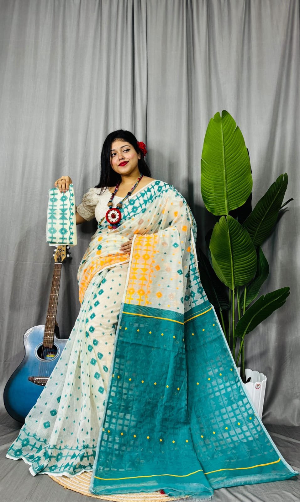 Ganga Jamuna Border White Greeen Soft Jamdani Saree