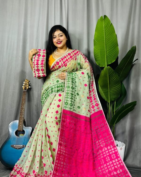 Ganga Jamuna Border Light Olive Soft Jamdani Saree