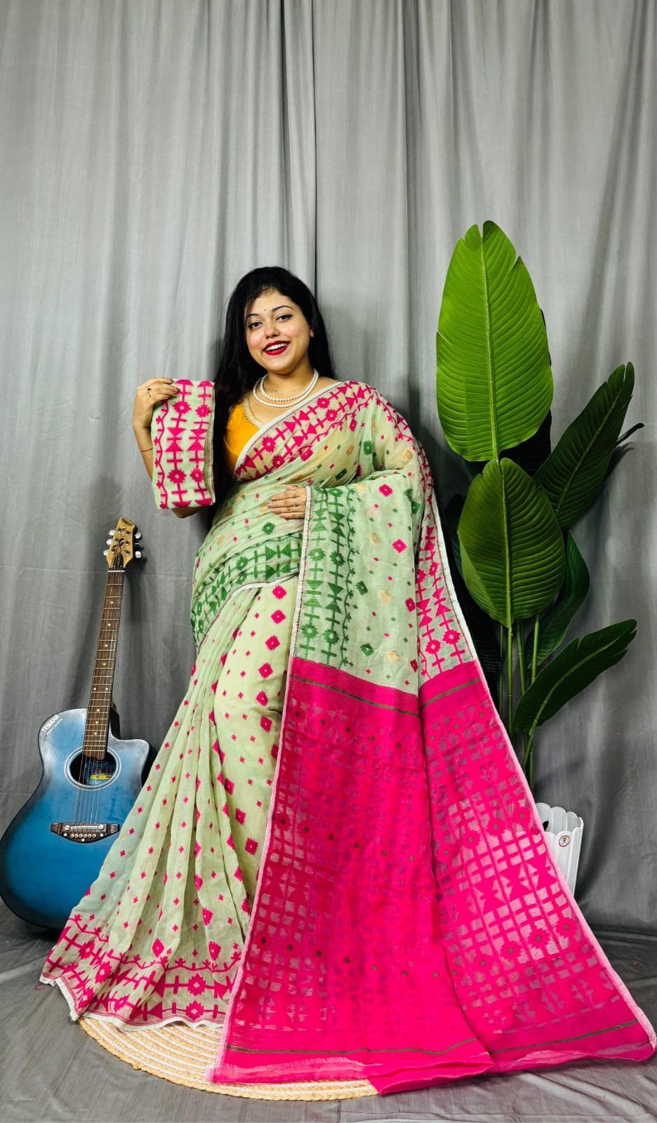 Ganga Jamuna Border Light Olive Soft Jamdani Saree