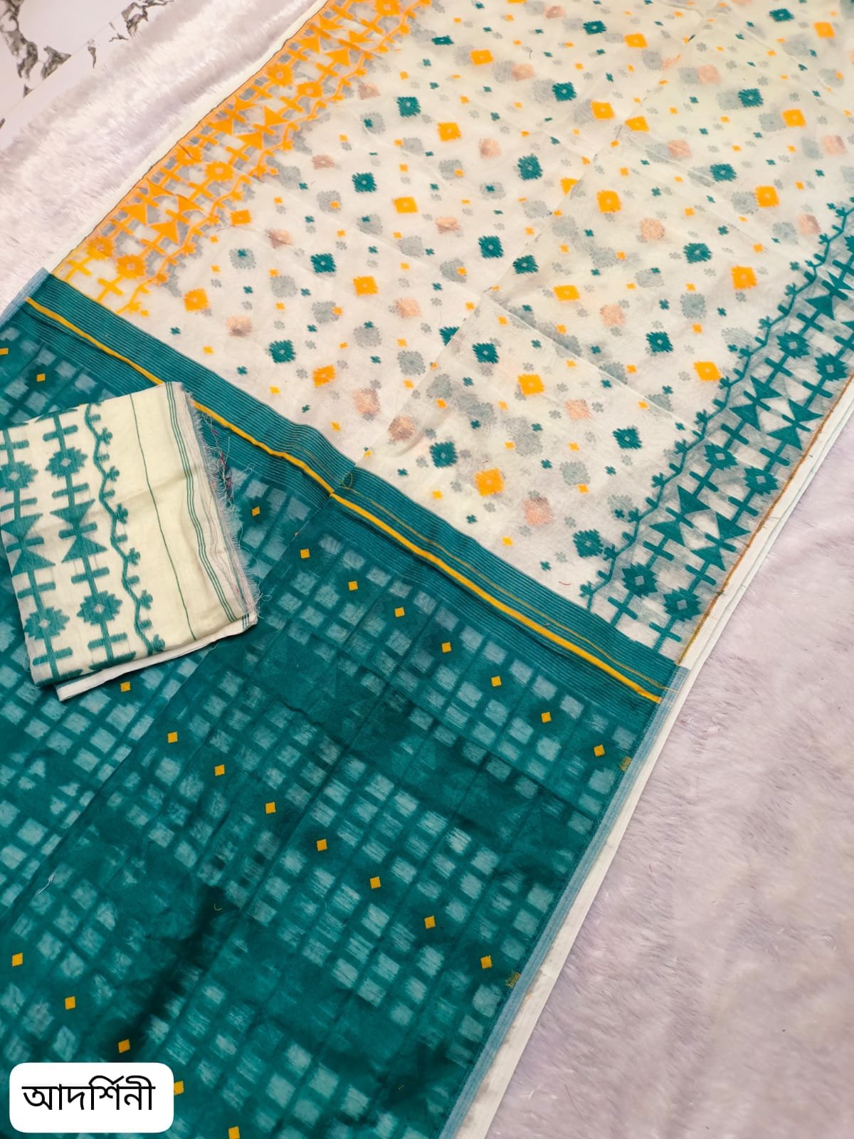 Ganga Jamuna Border White Greeen Soft Jamdani Saree - Image 2