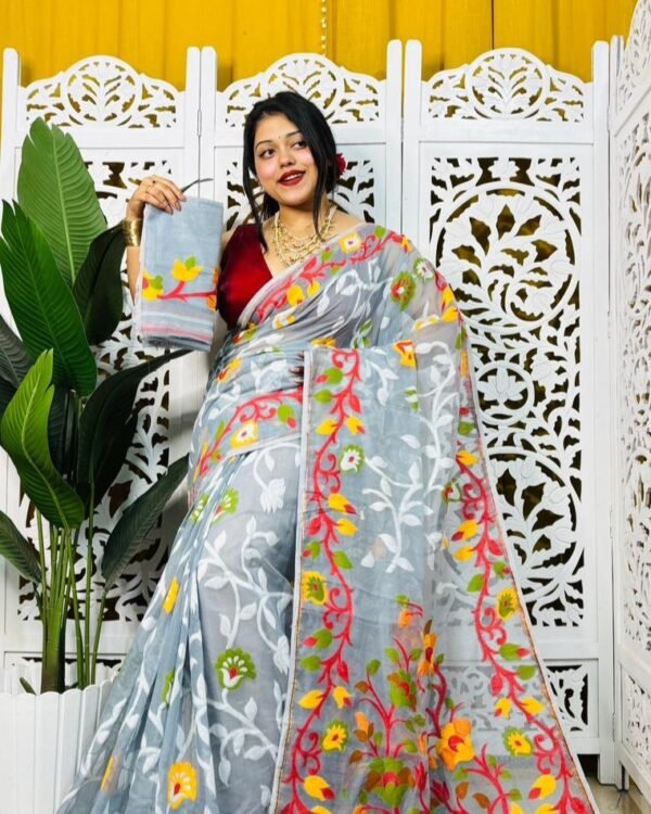 Laxhmi Lata Soft Grey Red Jamdani Saree