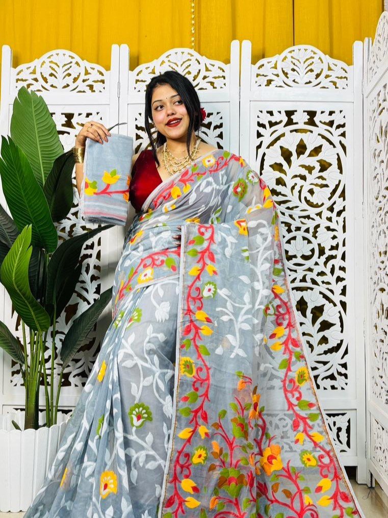 Laxhmi Lata Soft Grey Red Jamdani Saree