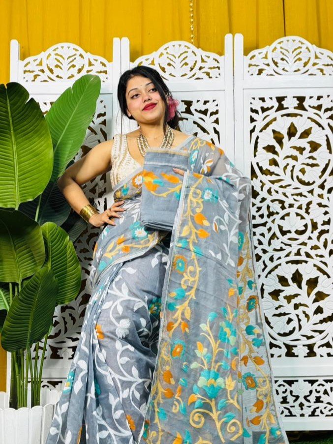 Laxhmi Lata Soft Grey Jamdani Saree