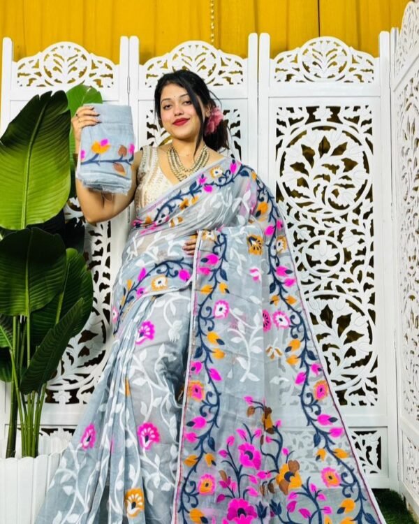 Laxhmi Lata Soft Grey Blue Jamdani Saree