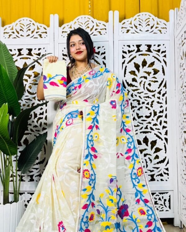 Laxhmi Lata Soft Cream Blue  Jamdani Saree