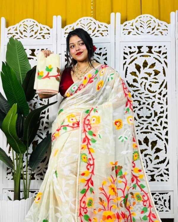 Laxhmi Lata Soft Cream Red Jamdani Saree