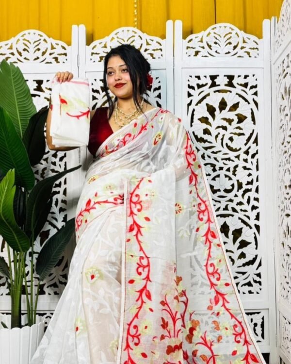 Laxhmi Lata Soft White Red Jamdani Saree