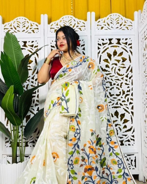 Laxhmi Lata Soft Cream Blue Jamdani Saree