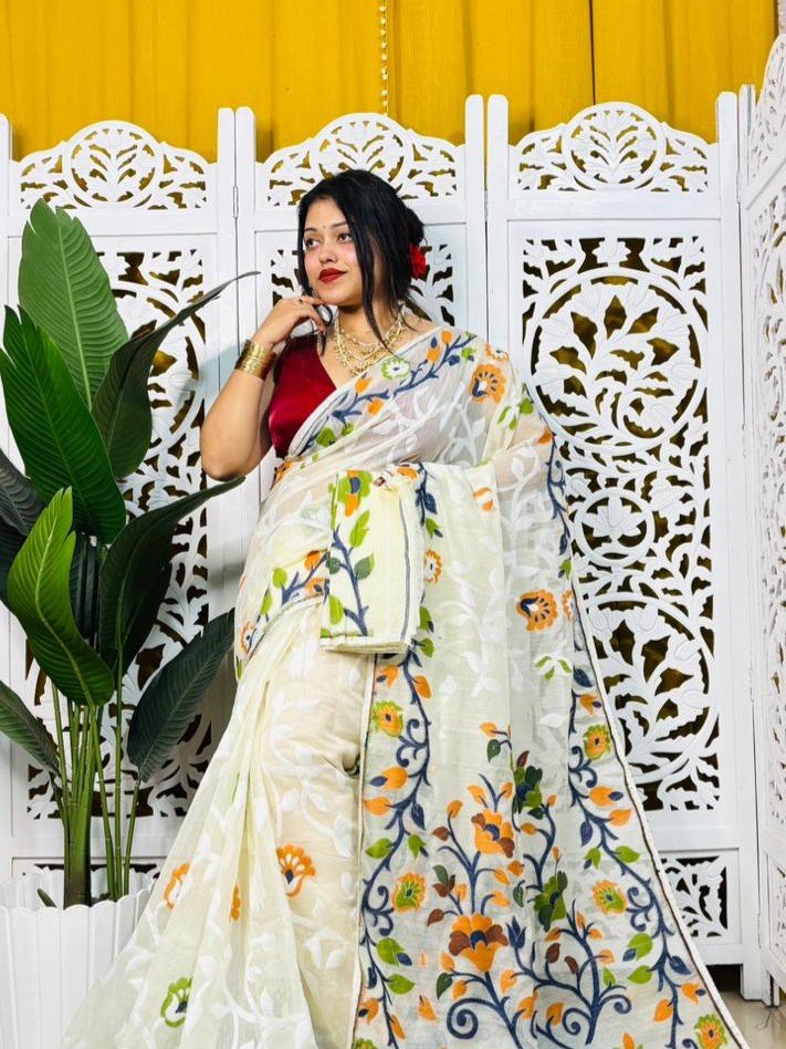 Laxhmi Lata Soft Cream Blue Jamdani Saree