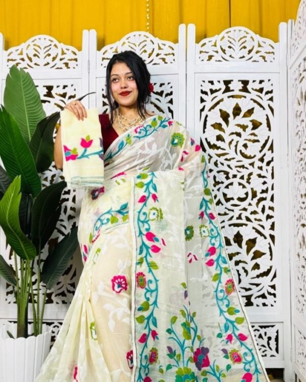 Laxhmi Lata Soft Cream Firoja Jamdani Saree