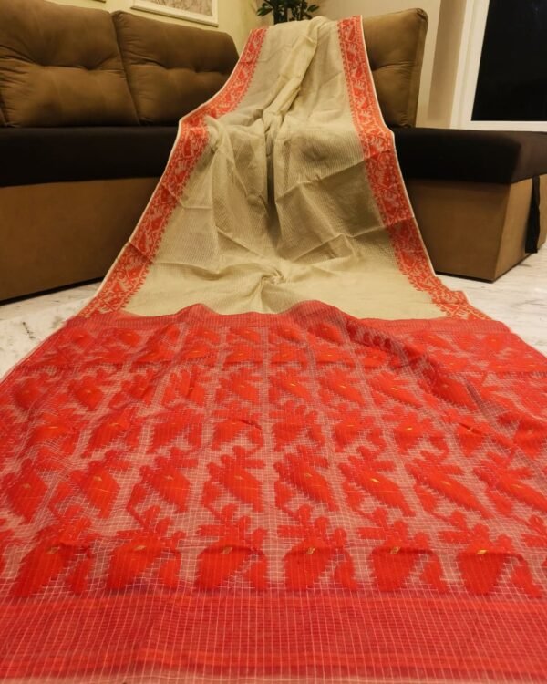 Kota Body Plain Soft Tasor Red Jamdani Saree