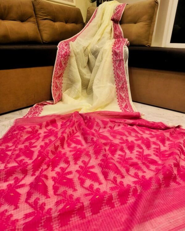 Kota Body Plain Soft Cream Rani Jamdani Saree
