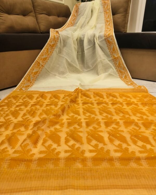 Kota Body Plain Soft Cream Horin Jamdani Saree