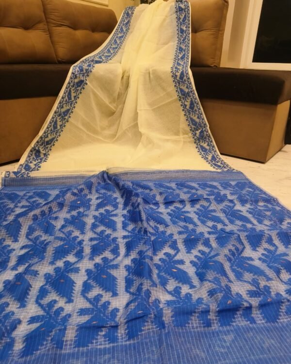 Kota Body Plain Soft Cream Blue Jamdani Saree