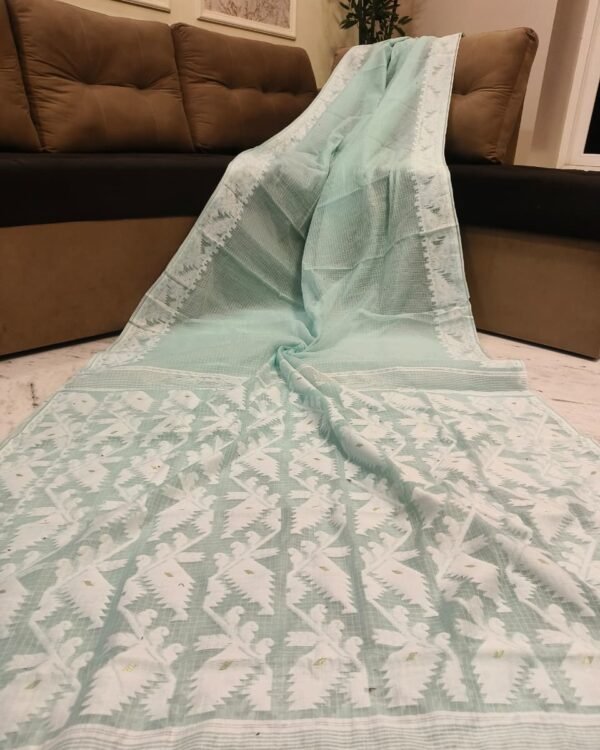 Kota Body Plain Soft Light Firoja  Jamdani Saree