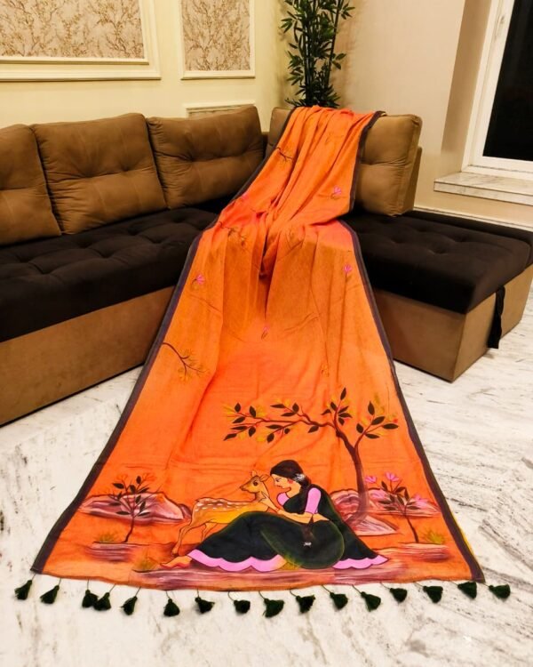 Sakuntala Hand Print Orange Cotton Saree