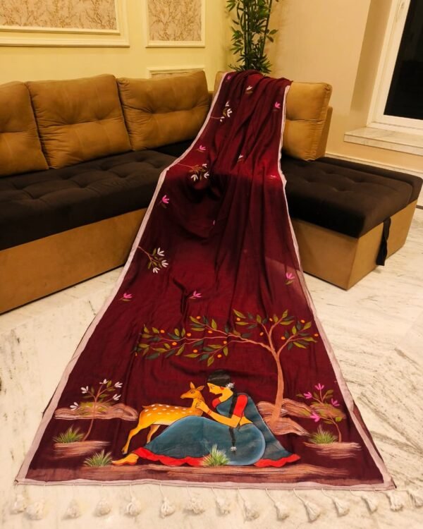 Sakuntala Hand Print Marun Cotton Saree