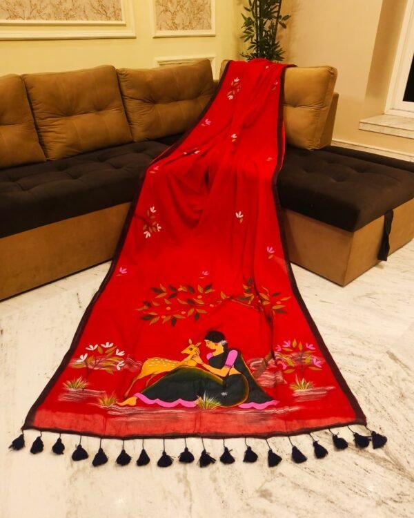 Sakuntala Hand Print Red Cotton Saree