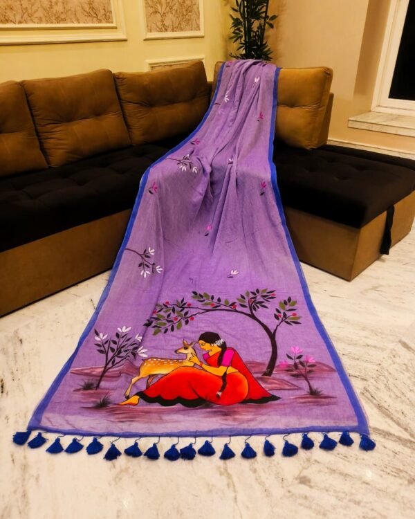 Sakuntala Hand Print Purple Cotton Saree