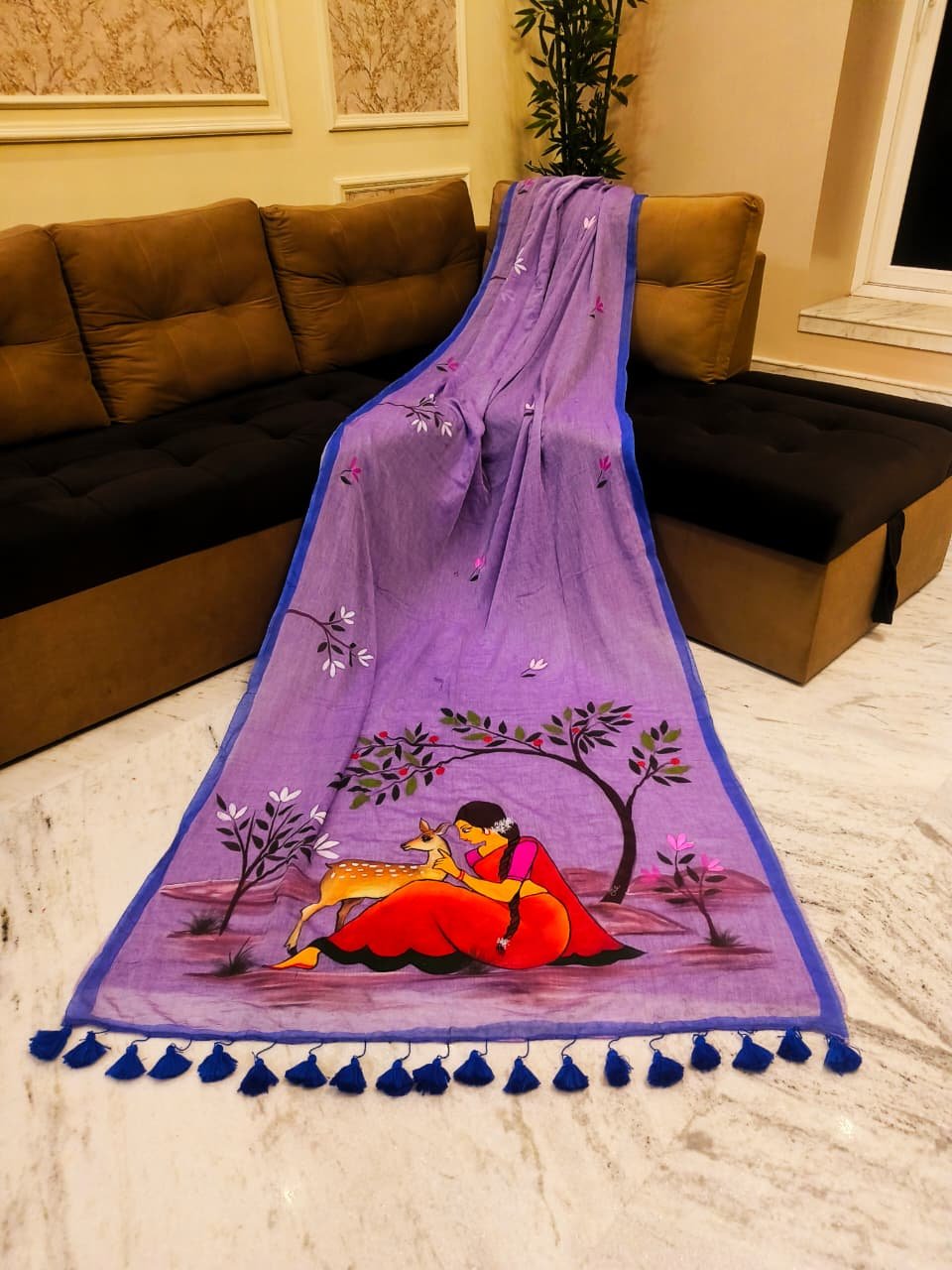 Sakuntala Hand Print Purple Cotton Saree