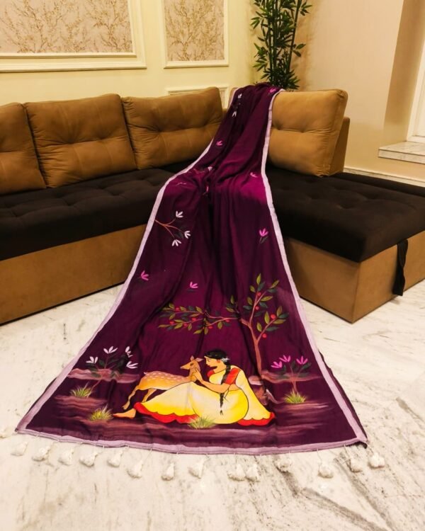 Sakuntala Hand Print Wine Cotton Saree