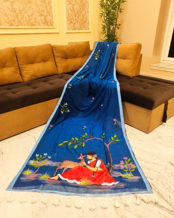 Sakuntala Hand Print Blue Cotton Saree